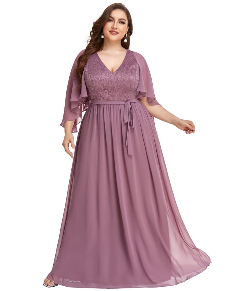Front of a model wearing a size 18 Deep V Neck Lace Bodice Long Flowy Evening Dress in Purple Orchid by Ever-Pretty. | dia_product_style_image_id:304708